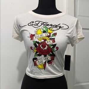 Ed Hardy White Graphic Rose Banner Crop Tee